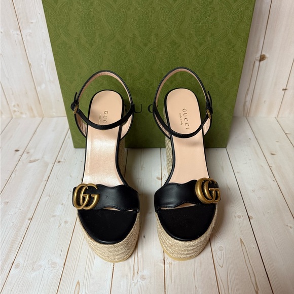Gucci Nappa Matelasse GG Marmont Platform Espadrille Wedges Black Sz 35 / 5 - Picture 6 of 11